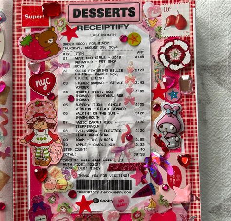 Back to your regularly scheduled maximalism 🌹🎀❣️🎟️🍒 One of my August recap pages! I realized I ended up with a lot of pink and red packaging and paper so ofc I had to use them! This one also has my August Receiptify, planning on doing another few pages with the rest of my stuff & the movies and shows I watched in August too :-) #journal #journalwithme #journaltour #scrapbook #junkjournal #junkjournalcommmunity #stickers #collage #creativejournal #creativejournaling Movie Journal Stickers, Journal Movie Page, Red Journal Ideas, Journal Page Ideas Creative, Movies Scrapbook, Red Scrapbook, Journals Aesthetic, Cute Scrapbook, Red Packaging