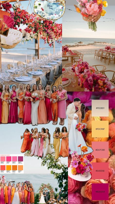 Sunset Wedding Theme, Sunset Wedding Colors, Orange And Pink Wedding, Wildflower Wedding Theme, Dream Wedding Decorations, Boda Mexicana, Bachelorette Party Bride, Bright Wedding, Wedding Palette