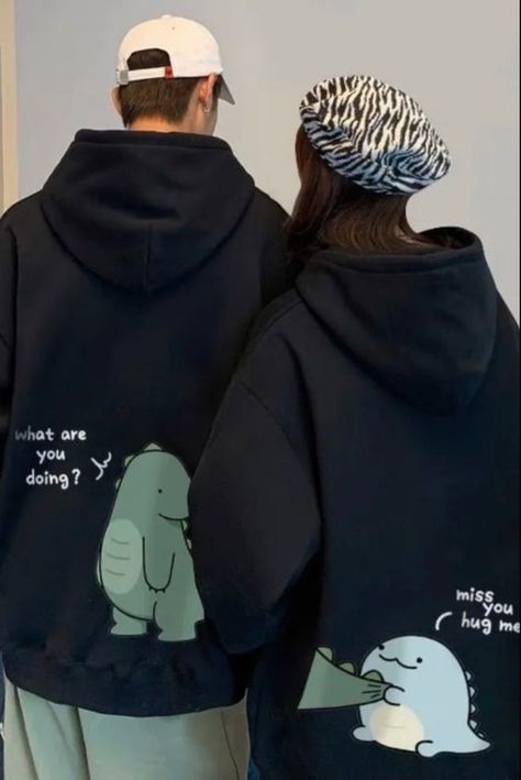 Matching Dino Hoodies Couple, Matching Couple Things Aesthetic, Matching Couple Pajamas Aesthetic, Couple Sweatshirts Aesthetic, Matching Couples Things, Matching Clothes Couple Aesthetic, Couple Hoodies Aesthetic, Matching Pjs For Couples Aesthetic, Matching Hoodies Aesthetic