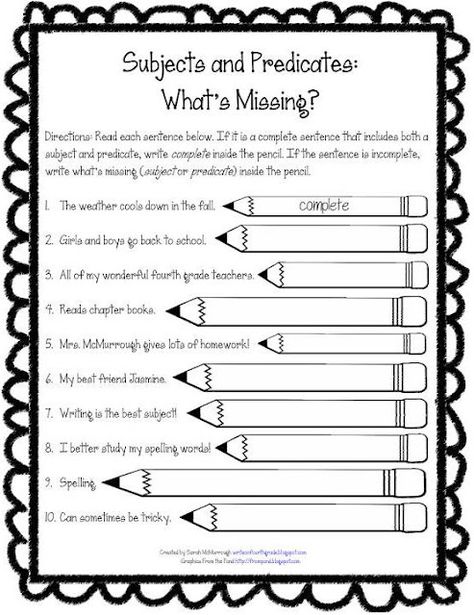 Write On, Fourth Grade!: Subject & Predicate Freebie! Complete Subject And Predicate, Simple Predicate, Subject Predicate, Sentence Worksheet, Parts Of A Sentence, Writing Complete Sentences, Simple Subject, 2nd Grade Writing, Subject And Predicate