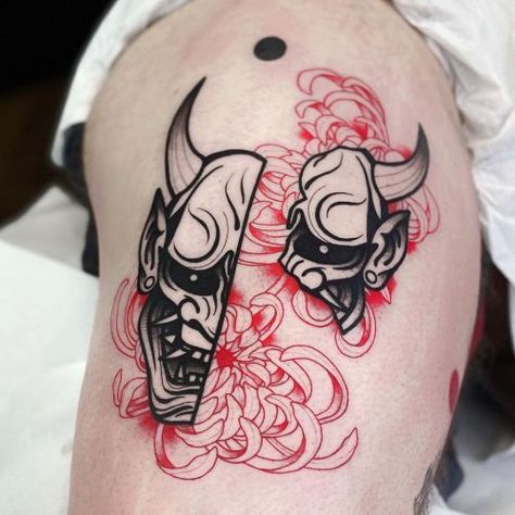 190+ Oni Mask Tattoo Designs with Meaning(2022) - TattoosBoyGirl Hannya Maske Tattoo, Tattoo Designs With Meaning, Oni Mask Tattoo, Designs With Meaning, Oni Tattoo, Hannya Mask Tattoo, Hanya Tattoo, Muster Tattoos, Oni Mask