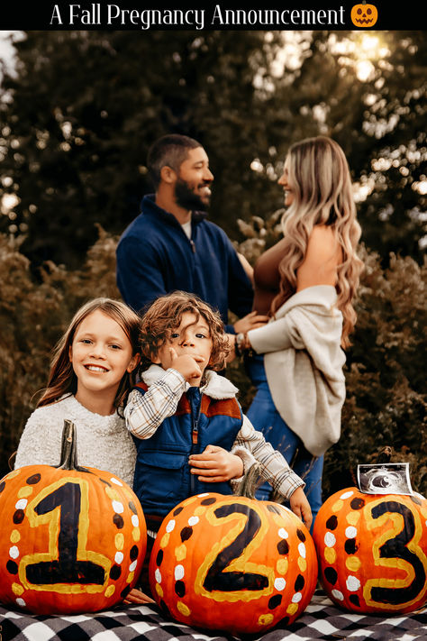 Family captured for a stunning fall pregnancy announcement. Pumpkin Baby Announcement With Sibling, Pumpkin Baby Announcement, Fall Baby Announcement, Pregnancy Announcement Family, Fall Pregnancy, Fall Pregnancy Announcement, Pregnancy Announcement Ideas, Pumpkin Family, Family Photoshoots