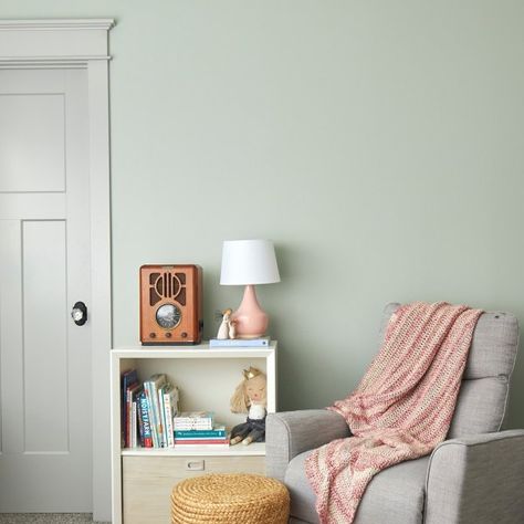 Contented SW 6191 - Green Paint Color - Sherwin-Williams Sw Contented Paint, Light Green Nursery, Sherwin Williams Paint Colors Green, Green Nursery Girl, Girls Bedroom Paint Colors, Green Playroom, Green Kids Rooms, Girls Bedroom Paint, Sherwin Williams Green