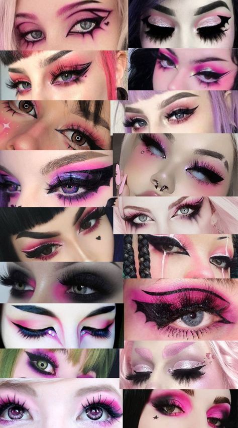 Pink Punk Eye Makeup, Pink And Black Emo Makeup, Pink Goth Makeup Ideas, Goth Kawaii Makeup, Emo Princess Makeup, Pastel Goth Eye Makeup, Pink Goth Eye Makeup, Pastel Goth Eyeshadow, Pastel Goth Makeup Ideas