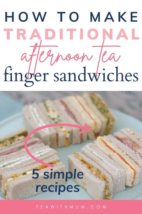 How to make traditional English afternoon tea finger sandwiches, with 5 easy & elegant recipes: ham and mustard, smoked salmon and lemon butter, egg and cress, cucumber and minted cream cheese and coronation chicken. Tips and tricks for the traditional, humble tea sandwiches to help make your afternoon tea perfect. Try our other afternoon tea recipes too! Tea Finger Sandwiches, Afternoon Tea Sandwiches, English Tea Sandwiches, Sandwiches Afternoon Tea, High Tea Sandwiches, Tea Party Sandwiches Recipes, Elegant Recipes, Tea Party Menu, Tea Party Sandwiches