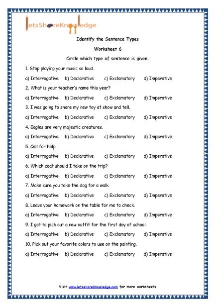 Grade 4 English Resources Printable Worksheets Topic: 4 Types of Sentences – Lets Share Knowledge Types Of Sentences Worksheet Grade 5, Grade 4 English, 4 Types Of Sentences, Different Types Of Sentences, Exclamatory Sentences, Types Of Sentences Worksheet, Sentences Worksheet, Declarative Sentences, Imperative Sentences