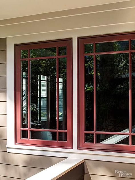 Exterior Windows Styles, Lakehouse Windows, Prairie Windows, Cottage Style Windows, Seattle Houses, Prairie Style Windows, Craftsman Style Windows, House Palette, Red Windows