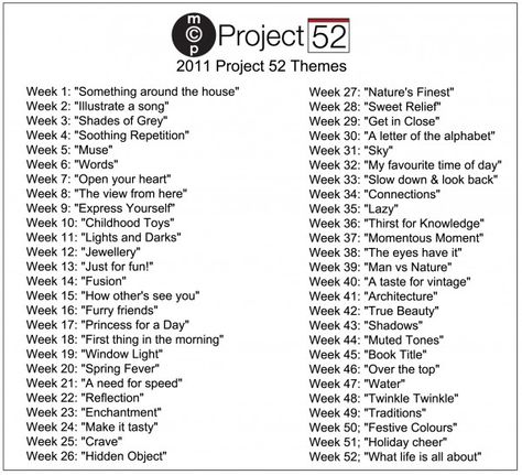 52 week project ideas, to keep me motivated and creative! Photography Prompts, Photography Challenges, Beauty Fotografie, Lists Ideas, Scrapbook Journaling, Photo Challenges, Photo A Day Challenge, Theme Pictures, Instagram Challenge