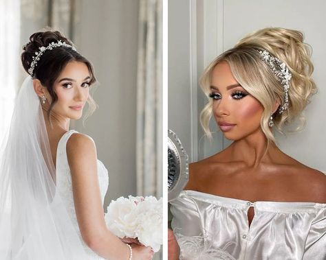 Updos With Hair Pieces Bridal Headpieces, High Wedding Hair Updo, Bridal Hair Updo With Tiara, High Bridal Updo With Veil, Updo With Long Veil, Bridal High Updo With Veil, Wedding Updo With Headband, Glam Bridal Hair Updo, Bride High Bun