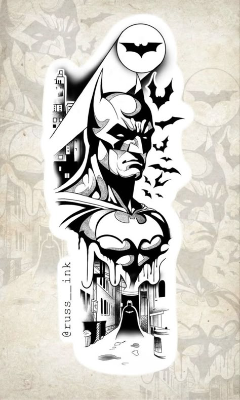 Dc Comics Tattoos Ideas, Blackwork Tattoo Design Ideas, Half Sleeve Tattoos Traditional, Batman Tattoo Design, Dc Comics Tattoos, Batman Tattoo Ideas, Batman Tattoos, Marvel Tattoo Ideas, Atlas Tattoo