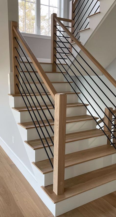 Cedar Stair Railing, Airy Organic Modern Living Room, Traditional Modern Staircase, Wood Stair Railing Ideas Modern, Staircase Horizontal Railing, Stair Railing Remodel, Black Horizontal Stair Railing, Mcm Stair Railing, Stair Railing Horizontal