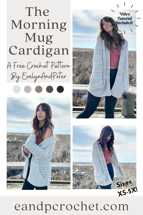 The Morning Mug Cardigan is a FREE crochet pattern by EvelynAndPeter! Includes a full video tutorial and sizes XS-5X! I love wrapping up in a long and cozy cardigan first thing in the morning. The Morning Mug Cardigan is perfect for just that! This cardigan has a long length and a stretchy stitch. The oversized cuffed sleeves and large pockets give it that comfy feel. #crochet #crochetcardigan #crochetsweater #crochetpattern #easycrochet #evelynandpeter Crochet Cardigan Pattern Free, Boucle Yarn, First Thing In The Morning, Cardigan Crochet, Sweater Knitting, Cozy Cardigan, Crochet Cardigan Pattern, Sweater Crochet Pattern, Diy Crochet Projects