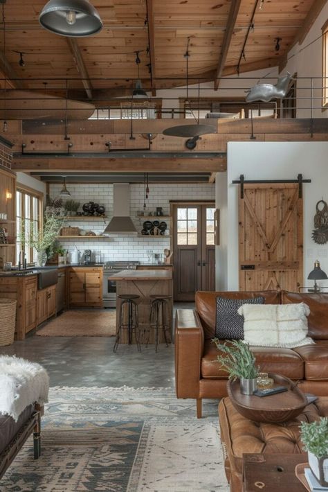 Versatile Barn Spaces Barndominium Room Ideas, Barndominium Indoor Ideas, Open Plan Farmhouse Kitchen, Kitchen Living Area Open Plan Layout, Barndominium Ideas Loft, Small Shop House Interior, Small Barndominium Ideas Interiors Farmhouse, Inside Barndominium Interior Design, Slide In House