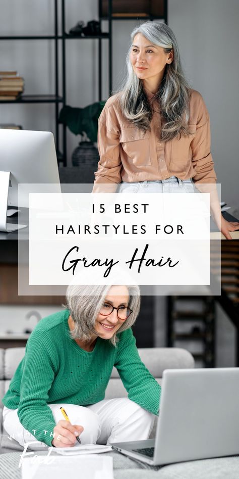 Skip the regular salon appointments to color your gray hair. Not only will you save money, but you’ll also save hours of your time spent in your stylist’s chair. There are plenty of flattering hairstyles for gray hair that will allow you to age gracefully. Read the blog to see which styles can boost your confidence and help you embrace going gray.  hairstyle for gray hair, gray hairstyle, hairstyles for grey hair What To Wear With Grey Hair, Hairstyles For Grey Hair, Hairstyles For Gray Hair, Going Gray Gracefully, Flattering Haircuts, Grey Hair Over 50, Asymmetrical Haircut, S Chair, Flattering Hairstyles