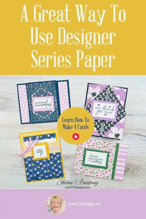 Want to know the simple secret to creating easy, gorgeous cards in minutes?Beautiful handmade cards start with stunning Designer Series Paper! One thing I love about Stampin’ Up! Designer paper is that most of it is double-sided with coordinating colors and patterns, making it a fabulous choice for paper cards. Let me show you how to make these 4 cards. Txstampin Sharon, Easy Greeting Cards, Cards Easy, Card Folds, Fun Folds, Designer Paper, Fold Cards, Designer Series Paper, Beautiful Handmade Cards