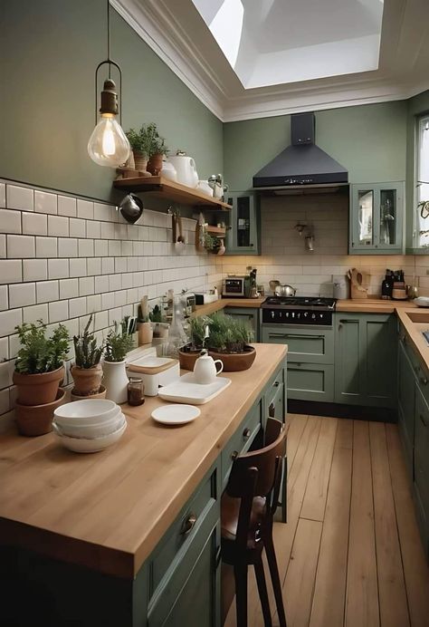 Kitchen With Backdoor, Sage Green Kitchen Wall Decor Ideas, Cottage Core Cabinets, Small Craftsman Kitchen Ideas, Rambler Renovation, Cozy Kitchen Island, Olive Kitchen, Olive Green Kitchen, Green Kitchen Walls