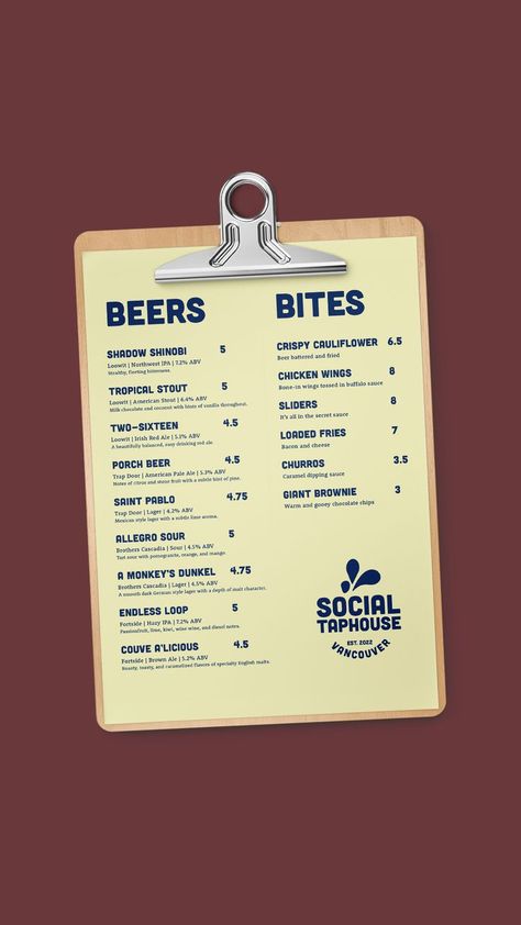 Beer Menu Design, House Graphic Design, Menu Design Layout, Lunch Cafe, Tap House, Beer Menu, Loaded Fries, Cafe Branding, Menu Inspiration