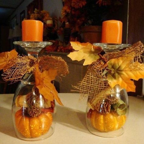 Decorate for fall on a budget with these creative dollar store fall DIY ideas. You can get a majority of the supplies from the Dollar Tree, but you will probably need some basic crafting materials like glue gun, paint, paint brushes, etc. You Can Get These Items at Dollar Tree (everything is $1): pumpkins (foam, … Fall Bridal Shower Table Decor, Diy Thanksgiving Centerpieces, Dollar Store Fall Decor, Diy Halloween Party, Easy Diy Thanksgiving, Fall Candle Holders, Thanksgiving Decorations Diy, Wine Glass Crafts, Dekor Diy