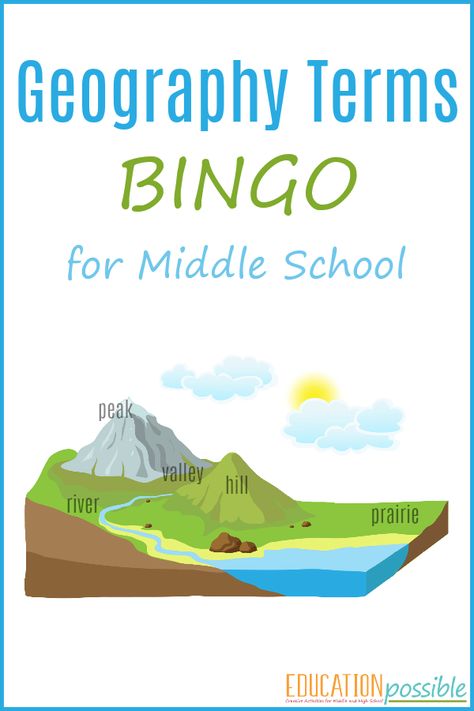 Interested in geography games for middle school? This Geography Terms BINGO is the perfect printable for you to use in your home school.There are a multitude of geography terms to learn, regardless of what geography curriculum you use. It can be difficult for middle school students to keep them all straight. To make it easier for your older kids to learn and to reinforce their memory of the various terms, use this game as one of your go-to geography resources. Geography Games For Kids, Asia Geography, Geography Terms, Middle School Geography Lessons, Savanna Grassland, Middle School Geography, Geography Lesson Plans, Middle School Games, Geography Classroom