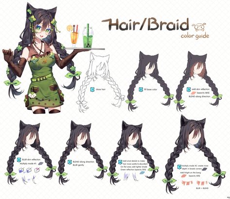 “How to color hair/braid 👧 with 2 multiply-mode layers” Anime Braids, Braiding Hair Colors, Hair Braid, Cheer You Up, Color Hair, How To Draw Hair, Layered Hair, Drawing Tutorial, To Color