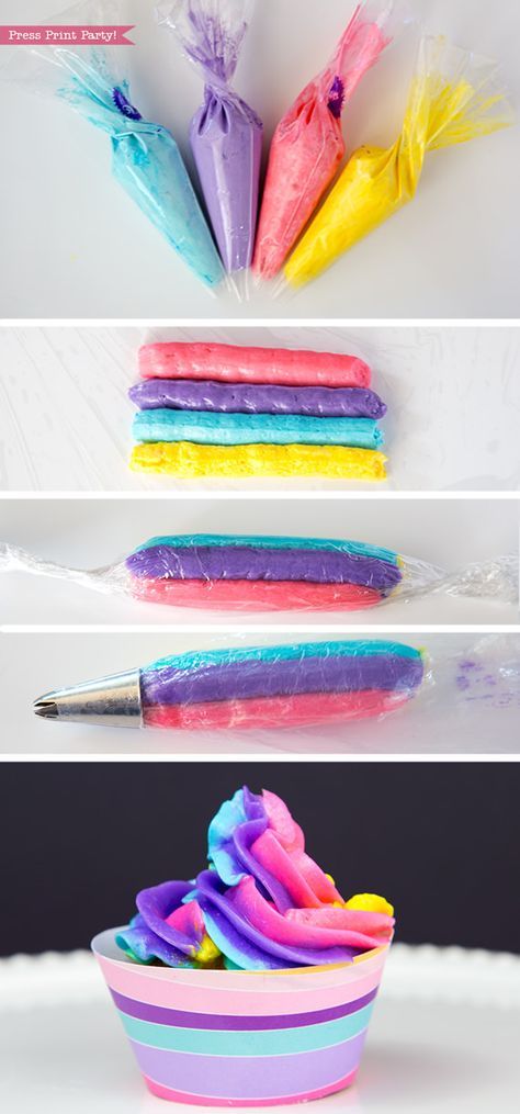 DIY Rainbow Swirl Frosting (Unicorn Cupcakes) - Press Print Party! Unicorn Party Cupcakes, Cupcake Frosting Techniques, Diy Frosting, Swirl Frosting, Diy Unicorn Cake, Frost Cupcakes, Barbie Mermaid, Rainbow Frosting, Frosting Techniques