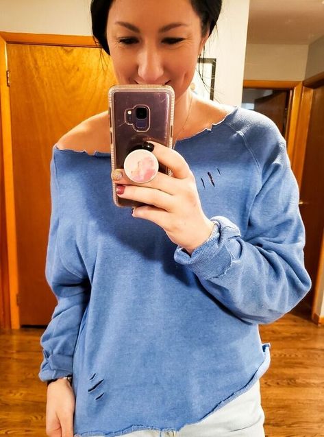 Diy Distressed Hoodie, Distress Sweatshirt Diy, Crew Neck Sweatshirt Diy, Sweatshirt Modification, Distressed Sweatshirt Diy, How To Distress A Sweatshirt, How To Cut A Sweatshirt Off The Shoulder, How To Cut The Neck Of A Sweatshirt, How To Cut A Sweatshirt