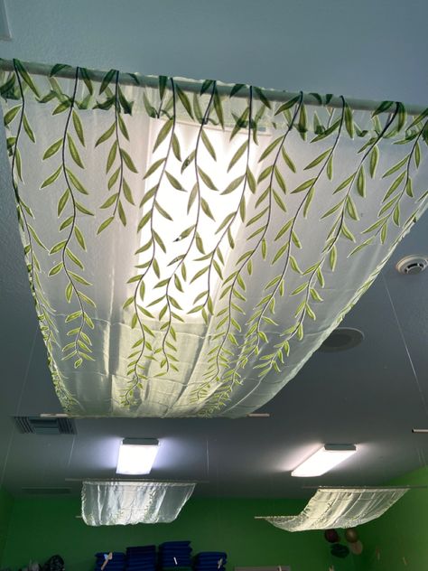 Hobbit Curtains, Ceiling Decor For Classroom, Nature Classroom Theme Decor, Forest School Indoor Classroom, Nature Based School Design, Themed High School Classroom, Forest Inspired Classroom, Granola Classroom, Nature Themed Library