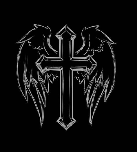 Cross With Wings Wallpaper, Gothic Wings Drawing, Affliction Cross Design, Grunge Cross Drawing, Y2k Angel Wings, Affliction Design, Cross Pfp, Cross With Angel Wings, Y2k Cross