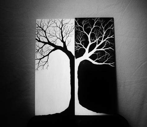 Black And White Tree Painting, Black And White Painting Simple Canvas, Black And White Tree Drawing, Daylight Painting, Black And White Silhouette Art, White Tree Painting, Black And White Painting Ideas, Tree Painting Canvas, Pencil Drawings For Beginners