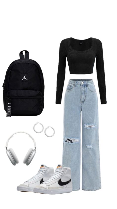 Cute back to school and college outfit #myfirstshuffle #outfit #ootd #outfits #basics #basicoutfit #blackoutfit #outfitideas #inspo #outfitinspo #outfitinspiration Cute Fancy Outfits For School, Easy Outfits For School For Teens, Cute Everyday Outfits College, Collages Outfit, School Camp Outfits, Cute Outfits With Hoodies, College Visit Outfit, Outfit School Ideas, Outfit Inspo Skater