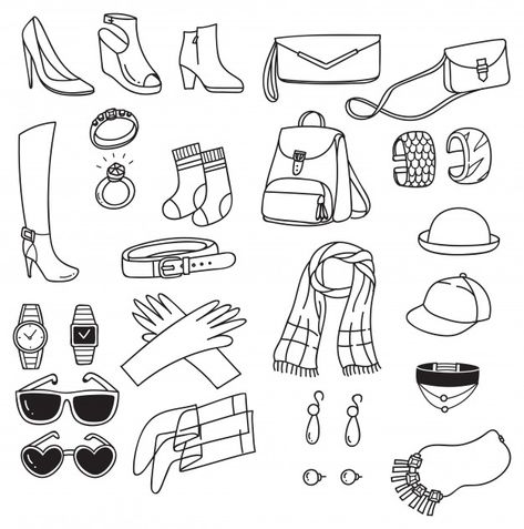 Set of fashion accessories doodle isolated on white background Premium Vector Fashion Doodles Clothes, Fashion Doodles Illustration, Accessories For Drawing, Fashion Doodle Art, Fashion Accessories Drawing, Accessories Drawing Reference, Accessories Drawings, Clothing Doodles, Accessories Sketches