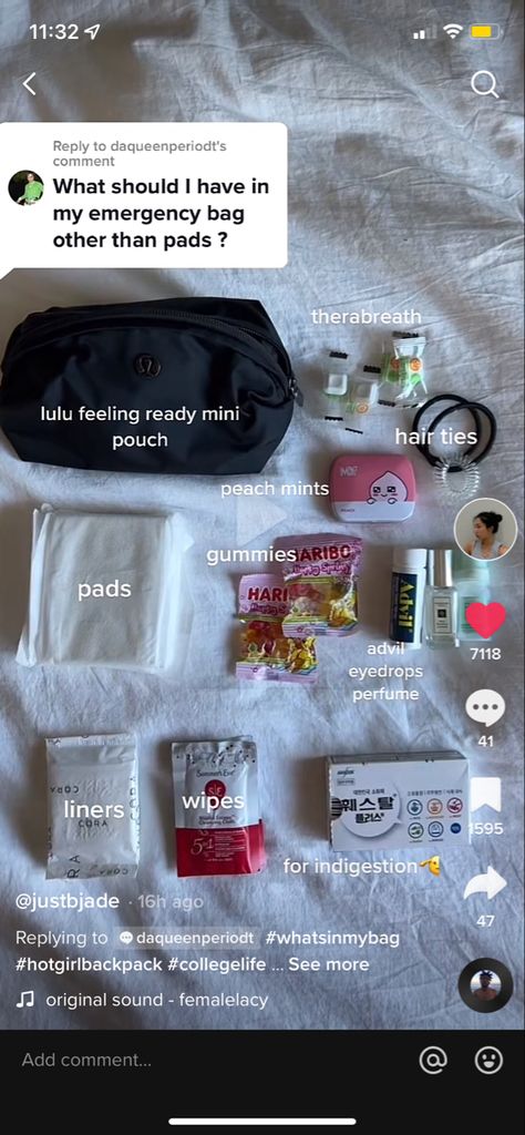 Hygiene Kit Aesthetic, Hygiene Pouch For School, Sanitary Bag Essentials, Girl Pouch Essentials, Whats In My Emergency Bag, Every Day Bag Essentials, Mom Of The Group Bag Essentials, Period Products Organization, Emergency Pouch For School