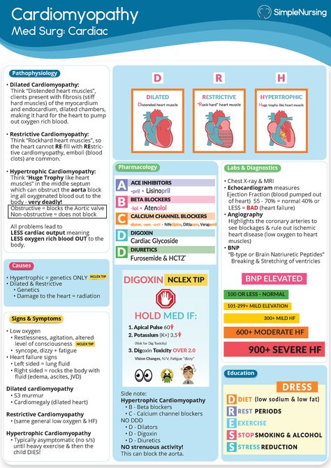 Cardiac - Cardiomyopathy /Simple Nursing - NUS 211 - DCCC - Studocu Pathophysiology Nursing, Simple Nursing, Np School, Physical Therapy Student, Med Surg Nursing, Nursing School Essential, Nurse Study Notes, Cardiac Nursing, Pharmacology Nursing