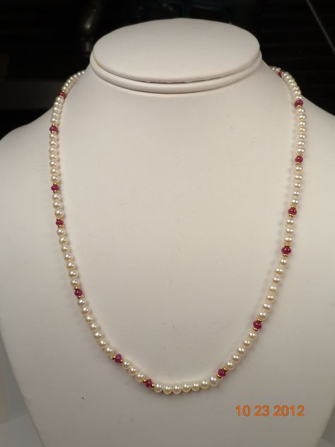 20" 4MM cultured pearl, yg bead, cabachon ruby necklace, circa 1940's, hhorwitz.com  $550 Coral Jewelry Set, Black Beads Mangalsutra, Black Beads Mangalsutra Design, Fancy Jewelry Necklace, Ear Chain, Pearl Jewelry Design, Ruby Pendant, Beaded Jewels, Bridal Gold Jewellery Designs