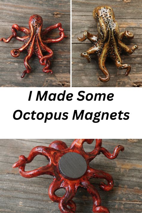 I’ve been working on a series of little octopus refrigerator magnets. Each one is sculpted by hand with polymer clay, and are all approximately 3 inches long. How To Make An Octopus Out Of Clay, Polymer Clay Unique Ideas, Diy Clay Octopus, Bakeable Clay Ideas, Sculpting Polymer Clay, Diy Clay Magnet Ideas, Polymer Clay Art Projects, Polymer Octopus, Polymer Clay Magnets Ideas