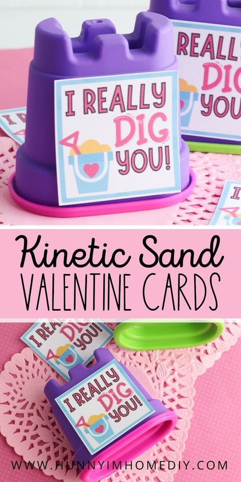 If you're looking for the best valentines gift ideas for kids, these kinetic sand printables are perfect! Whether you need cards for the classroom Valentine's Day party at school or non candy craft ideas to celebrate the holiday, you'll love these beach themed free tags for your children to pass out to other students. All you have to do to make these gift tags is download the freebie and follow the tutorial to attach the I really dig you cards to play sand! Kinetic Sand Valentine, Sand Valentines, Classroom Valentines Party, Bubble Valentines, Free Printable Valentines Cards, Play Sand, Diy Valentines Cards, Teacher Valentine Gifts, Valentine Gifts For Kids