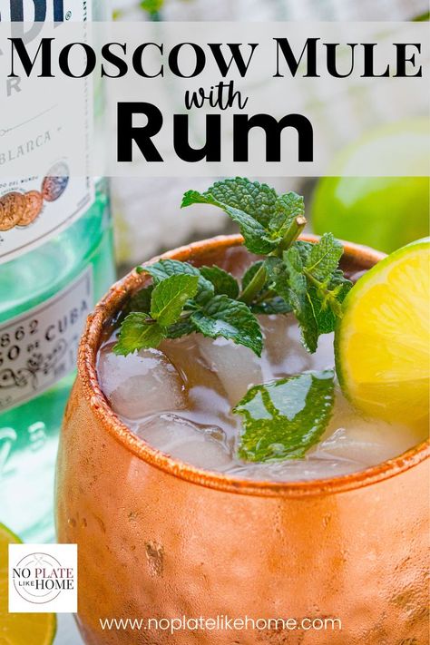 This Moscow Mule cocktail is made with white rum instead of vodka and it's just as good! It's a refreshing drink very similar to the traditional Moscow Mule. It's a not too sweet, citrus tasting drink that you're going to love as much as the traditional one. Click the link to get the recipe! Rum Mule Drink Recipes, Mule Drink Recipes, Rum Mule, Moscow Mule Drink Recipes, Moscow Mule Drink, Mule Drink, Fun Party Drinks, Moscow Mule Cocktail, Moscow Mules