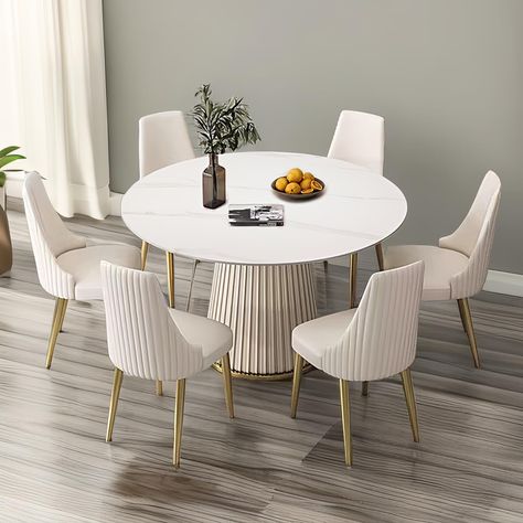 PRICES MAY VARY. 【7 Piece Dining Sets】This elegant style dining table set is including a marbling sintered stone round table, 6 upholstered faux leather chairs. This dining table set allows all family members to sit together and enjoy vittles and beverages and the warm and harmonious atmosphere of the family. 【Practicality & Beauty】The Dining Table have Modern minimalist style. The texture of the sintered stone is clear and layered. The 12mm sintered stone tabletop, easy to clean, and impact-res Round Dining Table For 6, Faux Marble Dining Table, Round Marble Dining Table, Round Dining Table Modern, Round Dining Table Sets, Pc Table, White Dining Table, Stone Dining Table, Modern Dining Room Tables