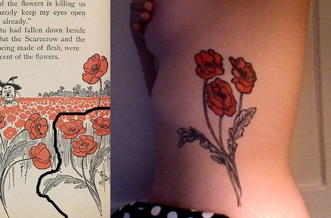 Poppy Tattoo_ wizard of oz. this would be perfect next to my mom's handwriting. Looking for something to add to it, a pop of color of some kind. Wizard Of Oz Tattoo, Oz Tattoo, Poppy Tattoo, Bestie Tattoo, Literary Tattoos, Poppies Tattoo, Sibling Tattoos, To My Mom, Wings Tattoo