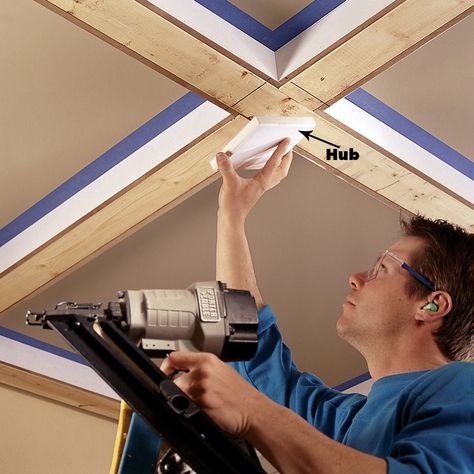 Ceiling Panels: How to Install a Beam and Panel Ceiling Diy Coffered Ceiling, Drop Ceiling Basement, Rehab House, Ceiling Basement, Coffered Ceiling Design, Ceiling Diy, Ceiling Remodel, Beams Living Room, Basement Finish