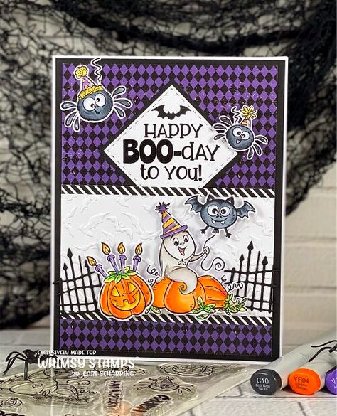 Boo-Day Wishes for You Handmade Halloween Birthday Card Stampin Up Halloween Birthday Cards, Halloween Birthday Cards Handmade, Halloween Birthday Cards, Halloween Birthday Card, Halloween Theme Birthday, Scrapbook Titles, Bday Cards, Whimsy Stamps, Fall Theme