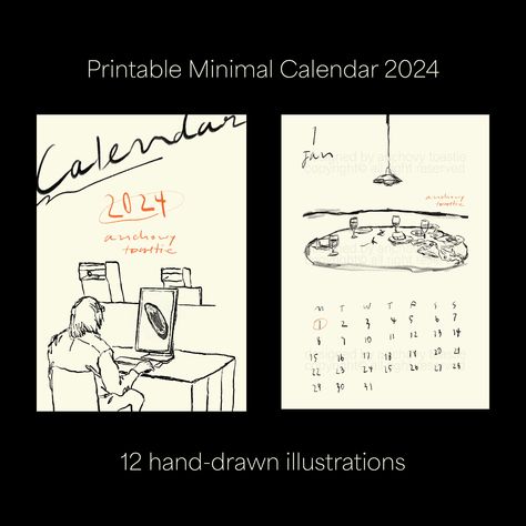 "The Printable Minimal Calendar 2024 set comes in different 12 monthly illustrations, hand-drawn drawing, high quality and high resolution.  The concept of calendar is \"around the table\" that relates to food and drink all year round. Each illustration is sketched and shaded in monochrome ink brushes & pencils with grainy and charcoal shading details. The calendar runs rom Monday to Sunday. The colour background is beige cream colour. This calendar is easy and flexible in multi printable options such as framing or decorating at home or office desk. Please note that this is a digital download artwork. Nothing is physically shipped or sent via email.  All illustrations designed by Anchovy Toastie Studio with copyright reserved and FOR PERSONAL USE ONLY*. Reselling the products or taking som Minimal Calendar, Illustration Calendar, Minimalist Calendar, Sketching Art, Ink Brush, Calendar 2024, New Journey, Minimal Art, Cover Pages