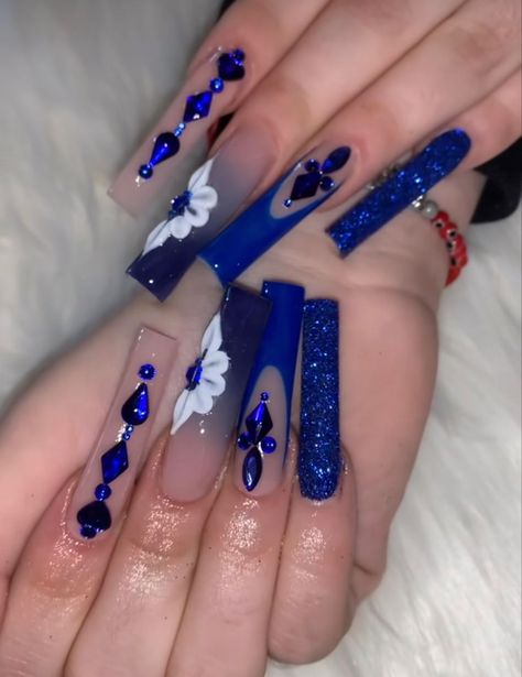 Royal Blue Nails Acrylic, Sweet 16 Nails, Nail Art Designs Valentines, Nail Art Designs Valentines Day, Nail Designs For Beginners, Watermelon Nail, Watermelon Nail Art, Blue Prom Nails, Quince Nails