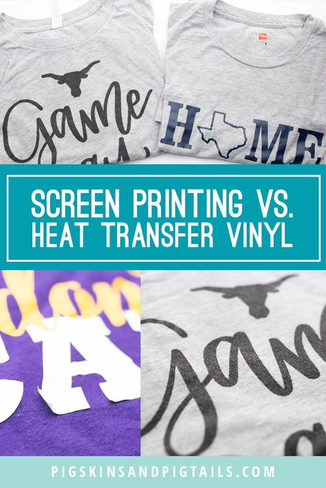 What's the difference between screen printing shirts and heat transfer vinyl (HTV)? Here's a comparison of the 2 DIY shirt making methods. #tshirt #diy Diy Shirt Printing, Screen Printing Tutorial, Vinyl Craft Projects, Silouette Cameo, Distressed Tshirt Diy, Tshirt Printing Business, Screen Printing Press, Diy Screen, Fun Diy Craft Projects