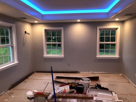 Lights In Crown Molding, Tray Ceiling Led Lighting, Crown Molding Led Lighting, Trim With Led Lights, Tube Lighting Ideas Ceilings, Crown Molding With Led Lights, Tray Ceiling Lighting Ideas, Lights In Bedroom Ceiling, Tray Ceiling Lighting