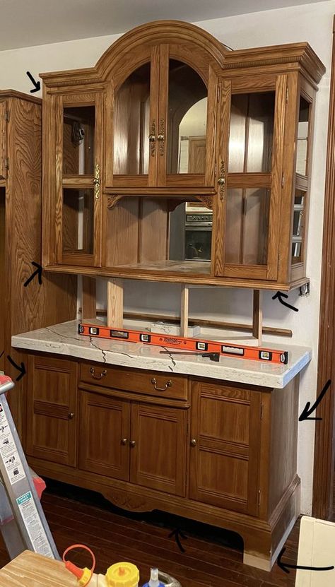 Makeover - China Hutch to Coffee Station — Salt Ranch China Cabinet Used As Kitchen Cabinets, Lower Kitchen Cabinets, Hutch Coffee Bar, Repurposed China Cabinet, China Hutch Makeover, China Cabinet Redo, Kitchen Hutch Cabinet, China Cabinet Makeover, Built In China Cabinet