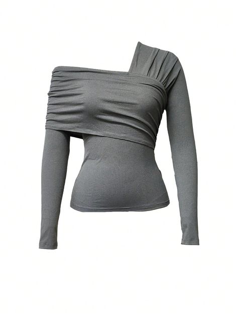 Women's Solid Color Asymmetric Neckline Ruffle Long Sleeve Blouse Grey Casual  Long Sleeve Knitted Fabric Plain  Medium Stretch Fall Women Clothing, size features are:Bust: ,Length: ,Sleeve Length: Office Siren, Ruffle Long Sleeve Blouse, Asymmetric Neckline, Grey Blouse, Ruffle Long Sleeve, Sleeveless Tops, Women Tops, Long Sleeve Knit, Cute Casual Outfits