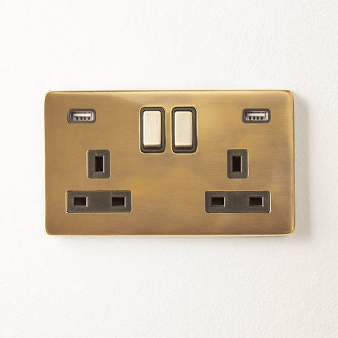 It's all about the lustrous "buttery" brass, and the subtlety of the finish. We have worked so hard to create this beautiful, stylish two gang socket that will last (and bring unparalleled joy) (steady on now...) for many many years.Multi-buy discountFinish your room off just right with our sockets and switches! To help you make those perfect last touches, we’re offering a multi-buy discount on our entire range. Feel free to mix and match to your heart’s desire! Quantity Discount 16-30 Get 5% of Katie Homes, Sockets And Switches, Light Switches And Sockets, Warm Color Schemes, Pooky Lighting, Usb Outlet, Bedroom Renovation, Many Many, Brass Lighting