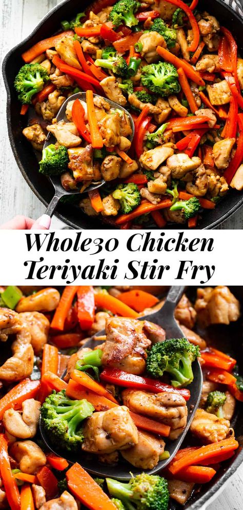 This quick and tasty paleo chicken teriyaki stir fry uses clean simple ingredients and is so much healthier than takeout! It’s family approved, fast, and great for weeknight dinners. I love serving it over fried cauliflower rice to keep it paleo, Whole30 compliant and low in carbs too. #paleo #whole30 #cleaneating #teriyaki #chicken Chicken Teriyaki Stir Fry, Paleo Running Momma, Teriyaki Chicken Stir Fry, Teriyaki Stir Fry, Low Calorie Chicken, Whole30 Chicken, Teriyaki Recipe, Whole 30 Meal Plan, Healthy Stir Fry