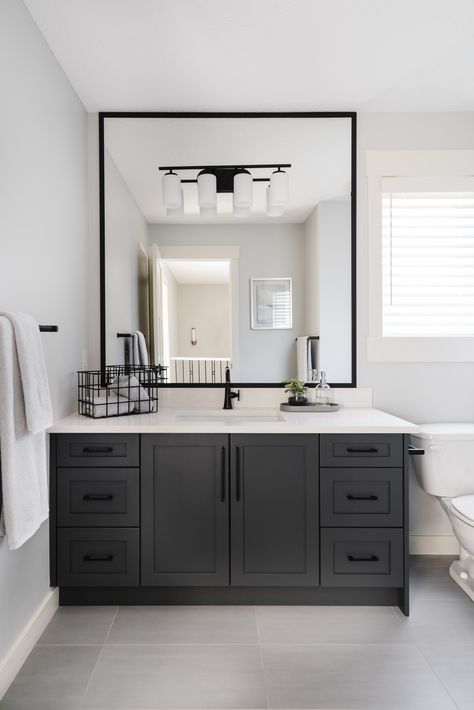 Bathroom With Dark Grey Cabinets, Black Bathroom Vanity Chrome Hardware, Gray Cabinets Bathroom Ideas, Bathroom Inspiration Dark Cabinets, Bathroom With Charcoal Vanity, Slate Cabinets Bathroom, Painted Bathroom Cabinets With Black Hardware, Dark Hardware Bathroom, Dark Cabinets Dark Hardware